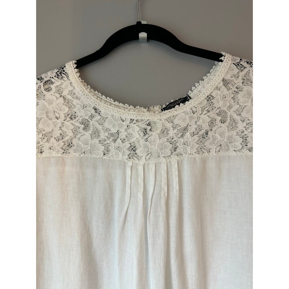 Lungo L'Arno Italy Women White Linen Lace Crochet Trim Blouse LS Top SZ M - Picture 2 of 9